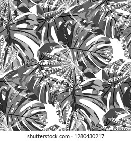 Exotic Plants. Seamless Pattern with Indian Jungle. Retro Black and White Texture for Fabric, Wallpaper, Linen. Vector Tropical Pattern.