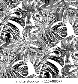 Exotic Plants. Seamless Pattern with Indonesian Jungle. Trendy Black and White Texture for Paper, Wallpaper, Textile. Vector Tropical Pattern.