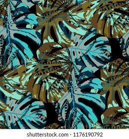 Exotic Plants. Seamless Pattern with Indonesian Rainforest. Retro Colorful Texture for Wallpaper, Swimwear, Underwear. Vector Tropical Pattern.