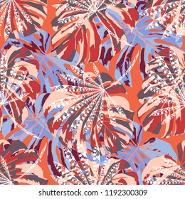 Exotic Plants. Seamless Pattern with Indonesian Rainforest. Modern Colorful Texture for Paper, Swimwear, Textile. Vector Tropical Pattern.