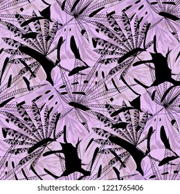 Exotic Plants. Seamless Pattern with Indonesian Rainforest. Retro Colorful Texture for Paper, Swimwear, Cloth. Vector Tropical Pattern.