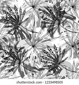 Exotic Plants. Seamless Pattern with Indonesian Jungle. Vintage Black and White Texture for Print, Textile, Linen. Vector Tropical Pattern.