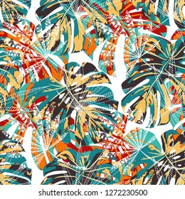 Exotic Plants. Seamless Pattern with Indonesian Jungle. Retro Colorful Texture for Dress, Swimwear, Cloth. Vector Tropical Pattern.