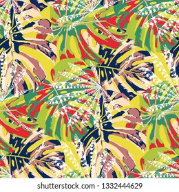 Exotic Plants. Seamless Pattern with Indonesian Rainforest. Modern Colorful Texture for Paper, Wallpaper, Textile. Vector Tropical Pattern.