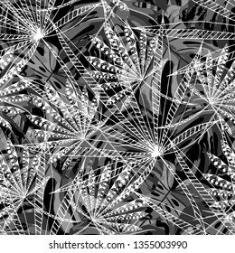 Exotic Plants. Seamless Pattern with Indonesian Rainforest. Modern Black and White Texture for Paper, Swimwear, Textile. Vector Tropical Pattern.