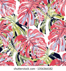 Exotic Plants. Seamless Pattern with Indonesian Jungle. Modern Colorful Texture for Wallpaper, Swimwear, Underwear. Vector Tropical Pattern.