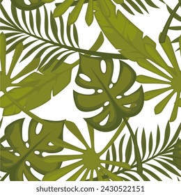 Exotic plants and tropical leaves decoration. Monstera and banana foliage, palm tree branches with greenery. Textile or decor. Seamless pattern, wallpaper background print. Vector in flat style