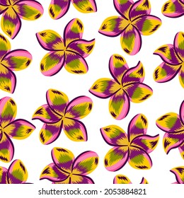 Exotic plumeria seamless pattern isolated on white background. Tropical flowers wallpaper. Botanical backdrop. Design for fabric , textile print, wrapping, cover. Beautiful vector illustration.