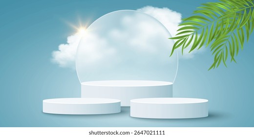 Pódio exótico com efeito de morfismo de vidro e nuvens fofas realistas, luz solar e folhas de palma sobre fundo azul. Cena 3d tropical para exibição, marca ou apresentação de produtos. Vetor.