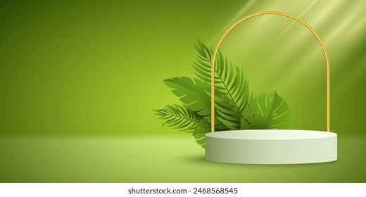 Exotic podium with tropical plants to display your product. Minimalistic summer scene. 3D pedestal with sunny rays. Vector illustration. EPS 10.
