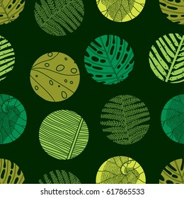Exotic polka dot. Palm leaves motif. Seamless pattern.
