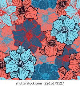 Exotic poppy blossom repeating design. Organic bouquet composition. Poppy bloom with lined petals. Wallpaper print. Garden flower spring periodic sample cover vector.