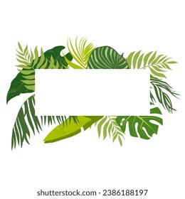 Exotic poster template with green leaves of jungle plants and place for text. Vertical summer backdrop or background with foliage. Tropical botanical illustration in vintage style.