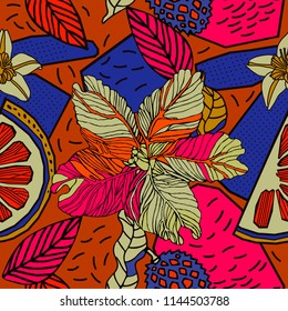 Exotic print with bright fruits and flowers. Pattern design.