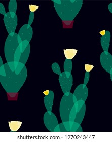 Exotic print with flowering cactus. Seamless pattern, texture with prickly pear.