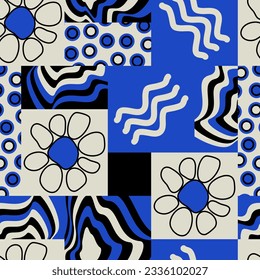 Exotic print with graphic and floral elements on gray and blue checkered background. Seamless pattern in patchwork style. Minimalist style and palette. For textile, wrapping-paper, wallpaper. Vector.