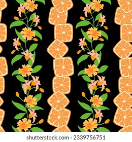 Exotic print with square slices of orange and branches of orange tree on black background. Seamless sample of vertical borders for textile, wrapping-paper, cover, backdrop, greeting card. Vector.