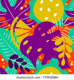 Exotic psihodelic bright seamless pattern with leaves of palms, monstera, fruit banana and orange. Vector illustration