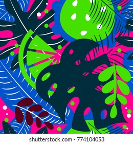 Exotic psihodelic bright seamless pattern with leaves of palms, monstera, fruit banana and orange. Vector illustration