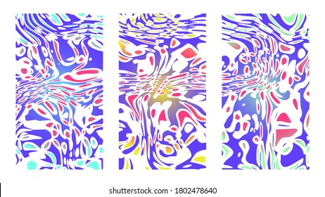 Exotic psychedelic swirl background set. Bright tropical vector artworks. Vertical good vibes colorful templates, vivid posters and cover designs