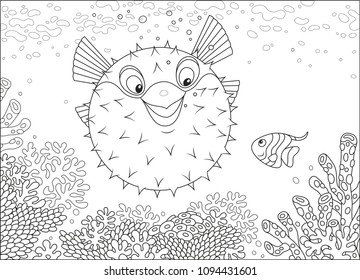 Exotic puffer fish and a butterflyfish swimming among corals on a reef in a tropical sea, black and white vector illustration in a cartoon style for a coloring book