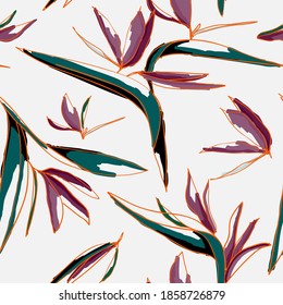 Exotic Purple flowers painted style pattern inspired in bird of paradise plant. Vector seamless pattern design for textile, fashion, paper, packaging and branding.