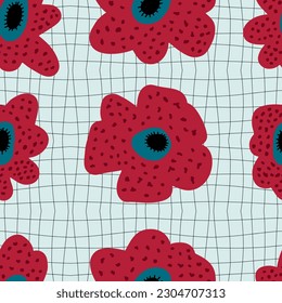 Exotic rafflesia flowers seamless pattern on trippy grid background. Perfect print for tee, paper, textile and fabric. Retro style vector illustration for decor and design.
