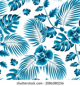 exotic rainforest illustration with beautiful vintage color in blue monochromatic tropical coconut branch leaves, abstract flower and monstera plant foliage on white background. Exotic Summer print