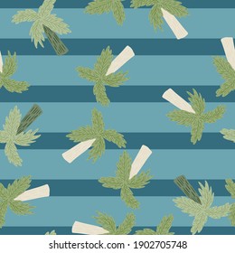 Exotic random nature seamless pattern with doodle green palm tree ornament. Blue striped background. Graphic design for wrapping paper and fabric pattern. Vector Illustration.