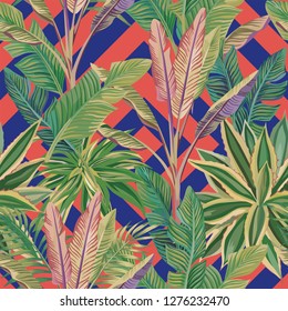 Exotic realistic tropical green banana leaves and cactus seamless vector pattern. Abstract trendy living coral blue background