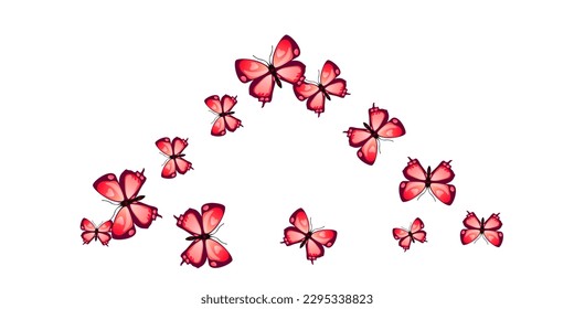 Exotic red butterflies flying vector background. Spring funny moths. Fancy butterflies flying fantasy wallpaper. Sensitive wings insects patten. Tropical creatures.