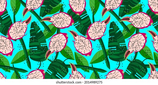 exotic red dragon fruit cutaway on white background, vector geometric seamless pattern of exotic red dragon fruit