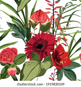 Exotic red flowers pattern. Many kind of garden red tropical flowers and palm leaves in summer print. Hawaiian t-shirt and swimwear tile.  Hypernatural botanic design.