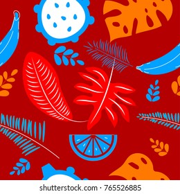 Exotic red seamless pattern with leaves of palms, monstera, fruit. Vector illustration