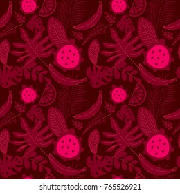 Exotic red seamless pattern with leaves of palms, monstera, fruit. Vector illustration