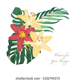 Exotic red yellow lily flowers and tropical jungle palm tree monstera green leaves. Floral greenery bouquet composition isolated on white background. Vector design element. Holidays travel fashion.