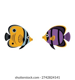 Exotic reef fish pair with yellow black butterflyfish and purple angelfish, tropical aquarium icons for dive shop, marine education