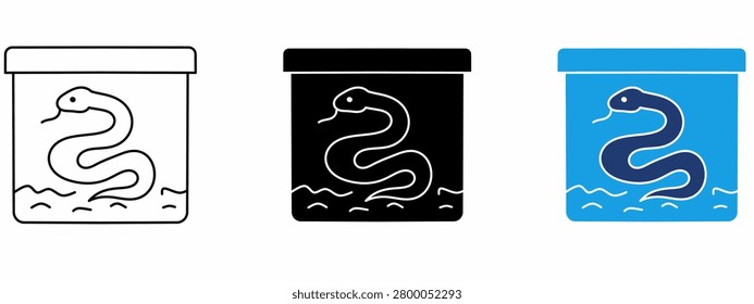 Exotic Reptile Pet Care Vector Icons. Featuring Snake Terrarium, Vivarium Tank, Serpent Habitat, and Glass Cage.
