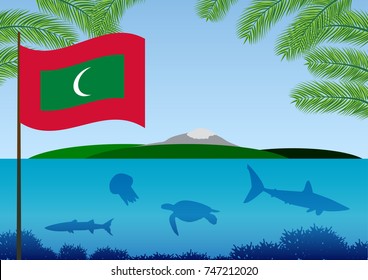 Exotic resort vector pattern with mountain island, fish, shark, turtle and medusa in the ocean and Maldives flag