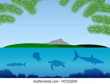Exotic resort vector pattern with mountain island, fish, shark, turtle and medusa in the ocean