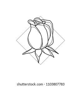 Exotic rose in geometric background. Simple icon composition. Vector illustration. Line work. Modern monochrome logotype. Nature representation.