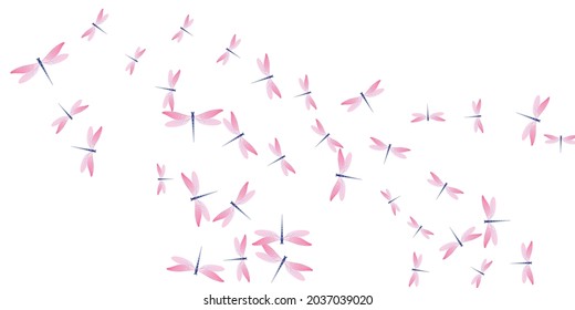 Exotic rosy pink dragonfly cartoon vector illustration. Spring colorful damselflies. Detailed dragonfly cartoon children wallpaper. Gentle wings insects patten. Fragile creatures