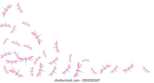 Exotic rosy pink dragonfly flat vector wallpaper. Summer beautiful damselflies. Simple dragonfly flat kids illustration. Delicate wings insects graphic design. Nature beings