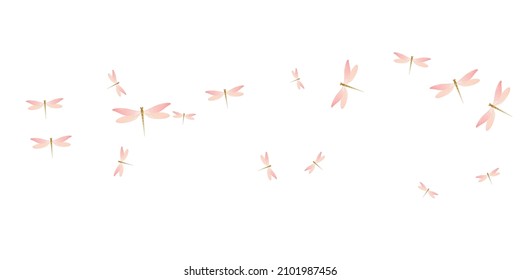 Exotic rosy pink dragonfly isolated vector wallpaper. Summer pretty damselflies. Fancy dragonfly isolated children background. Delicate wings insects graphic design. Tropical creatures