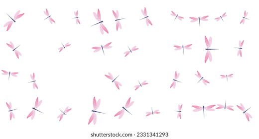 Exotic rosy pink dragonfly isolated vector illustration. Summer vivid insects. Fancy dragonfly isolated kids background. Gentle wings damselflies patten. Tropical beings