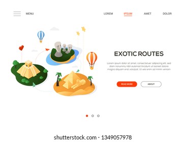 Exotic routes - modern colorful isometric web banner with copy space for text. Website header with famous landmarks, Moai, Aztec and Egyptian pyramids, hot air balloons. Traveling and vacation concept