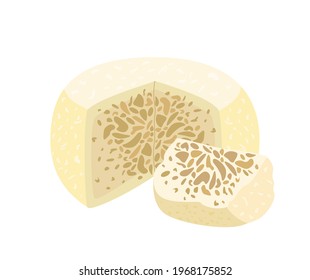 Exotic Sakartvelo Sheep Cheese Guda With Specific Smell.Gourmet Cheese With Holes And Bubbles.Cut Piece Of Delicious Soft Chees.Flat Vector Illustration Of Delicatessen Food Isolated, White Background