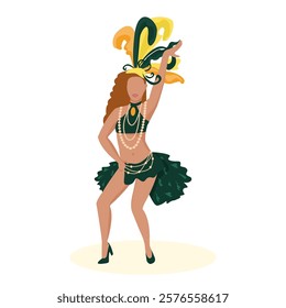 Exotic samba dancer at the Brazilian carnival. Mardi Gras street parade. Stage costume with green and yellow feathers and necklace. Vector illustration