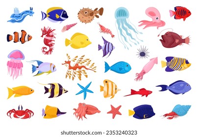 Exotic sea animals. Cartoon tropical underwater fish, jellyfish and seahorse, saltwater creatures flat vector illustration set. Tropical ocean fauna