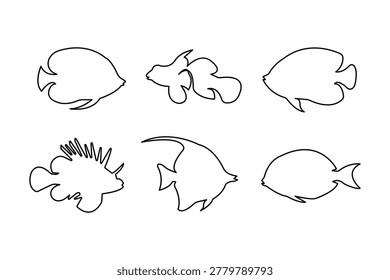 Exotic sea fish bundle in continuous line drawing style minimalist marine life outline vector